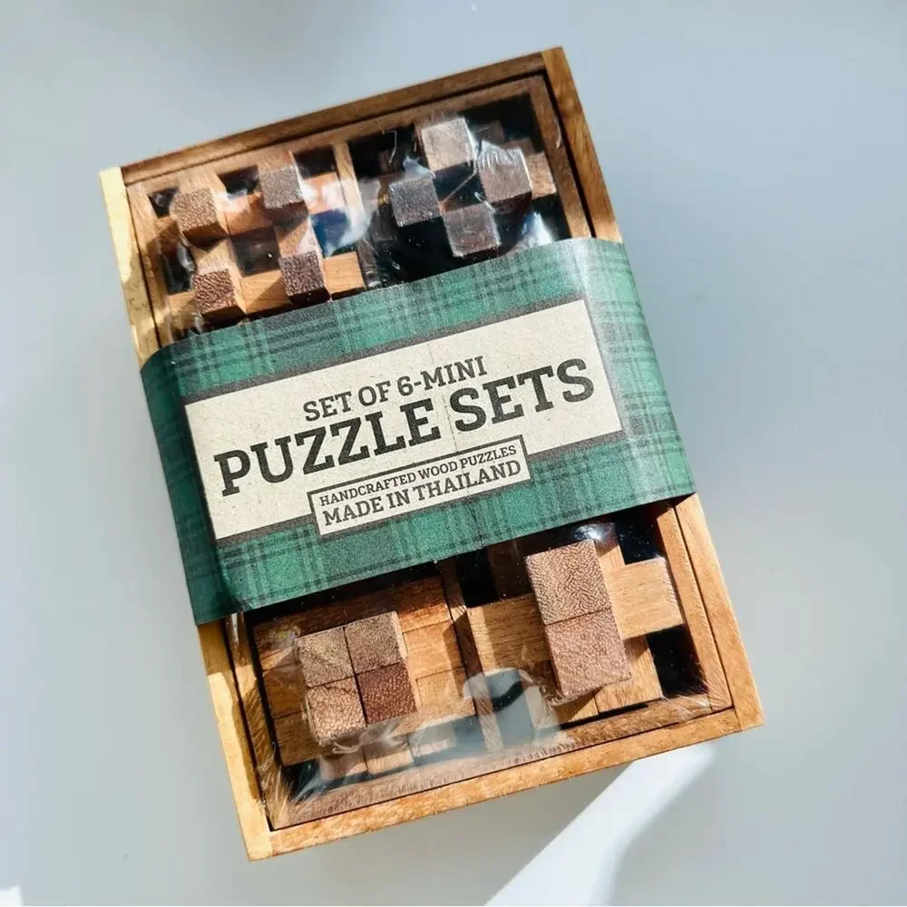NEW WEST ELM Brown Tan Handcrafted Hand Wood Wooden Mini Puzzle Box Gift Set 6